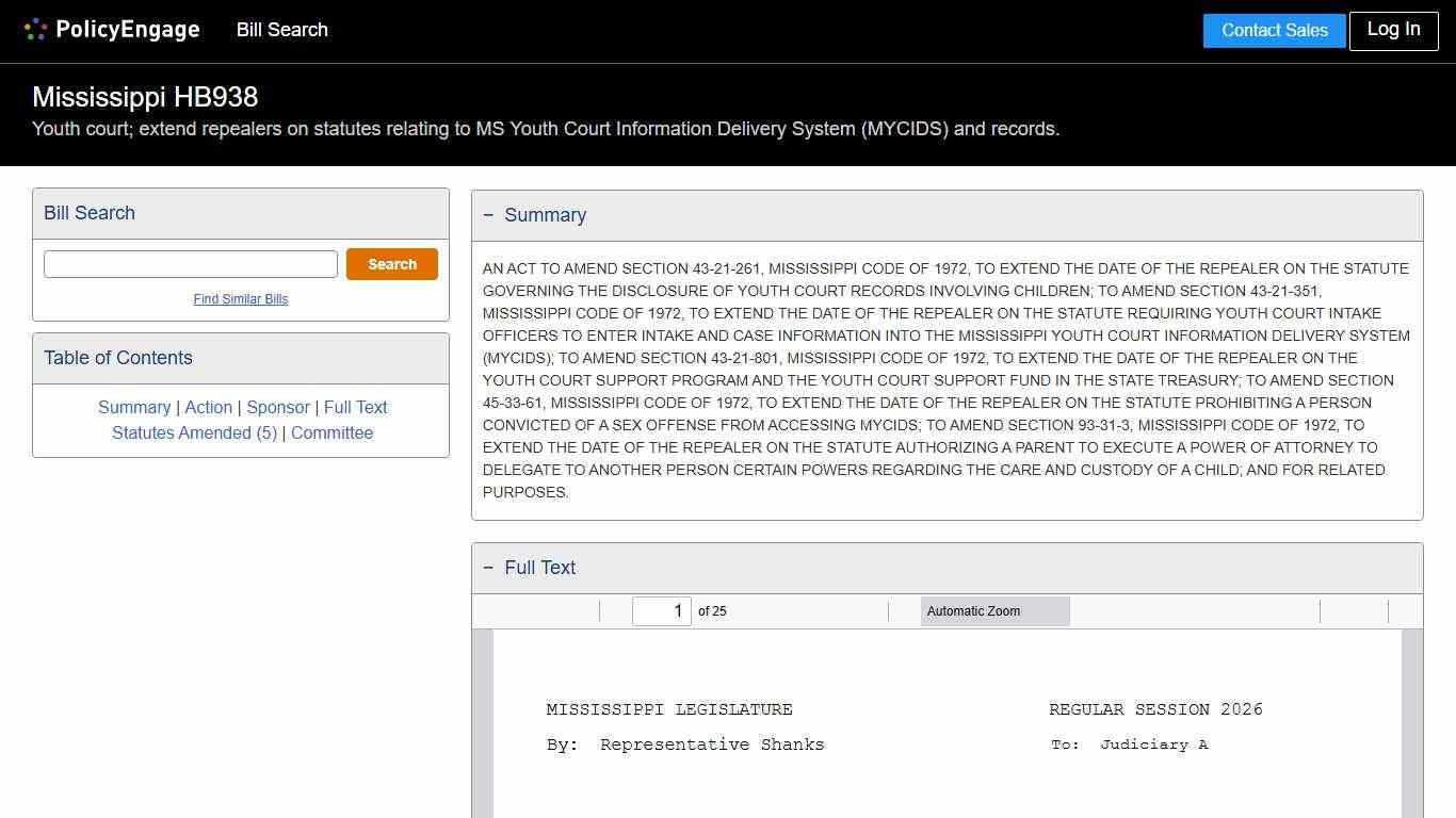 HB938 Mississippi 2026 Youth court; extend repealers on statutes relating to MS Youth Court Information Delivery System (MYCIDS) and records. - Legislative Tracking PolicyEngage