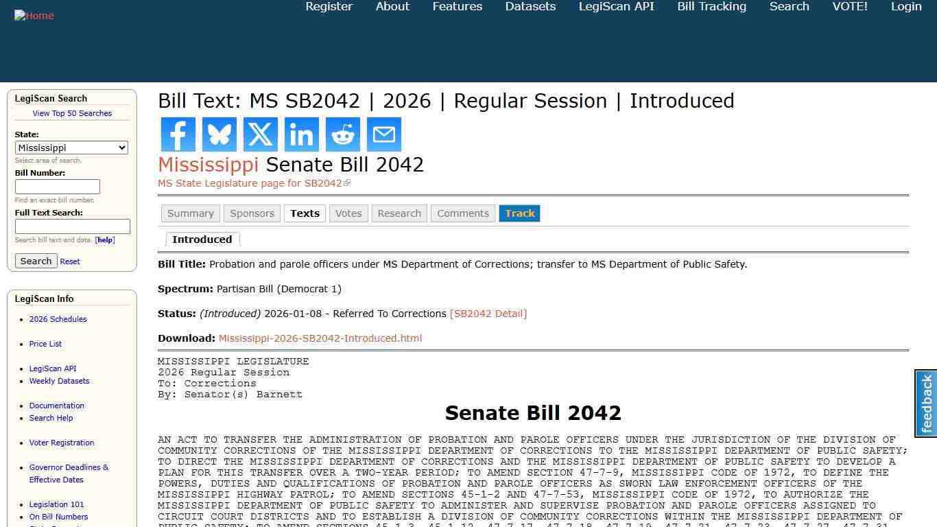 Bill Text: MS SB2042 2026 Regular Session Introduced LegiScan
